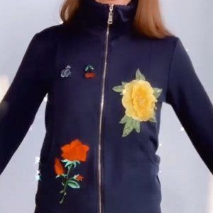 embroidered patch floral zip up sweatshirt S